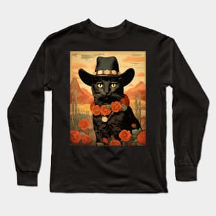 Retro Vintage Cowboy Black Cat - Whiskered Wild West Adventure Long Sleeve T-Shirt